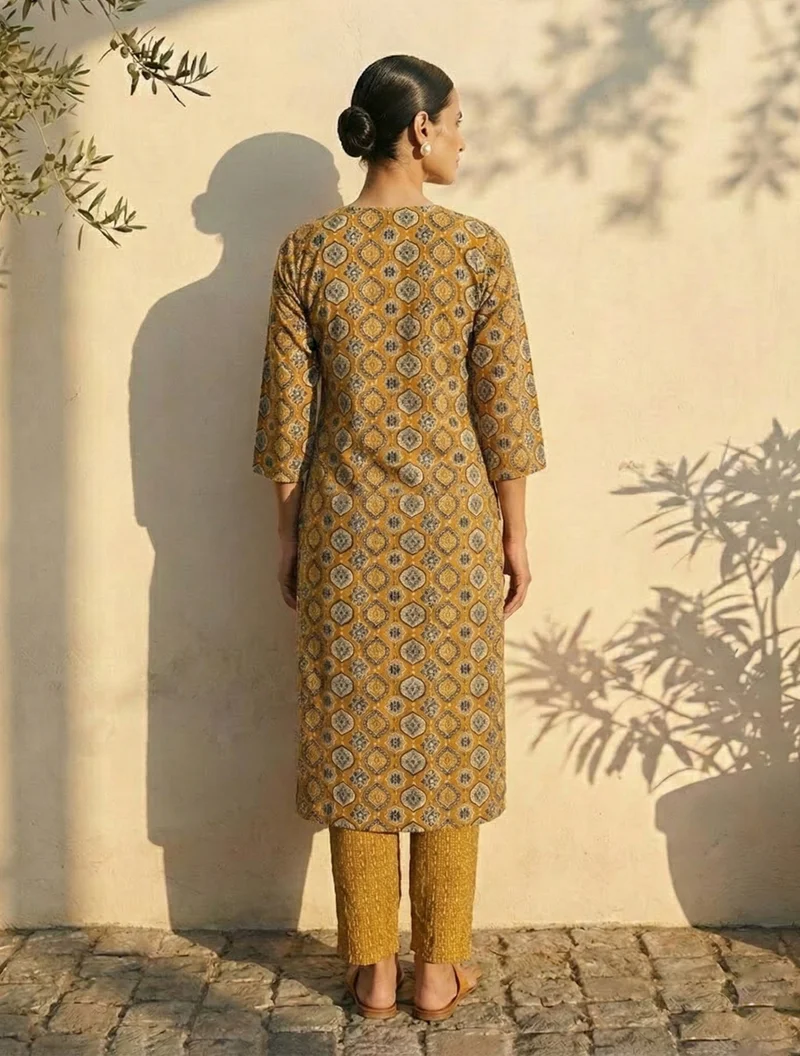 ترو برونز trueBrowns Mustard Print Embroidered  V-Neck Kurta Pant Dupatta Set